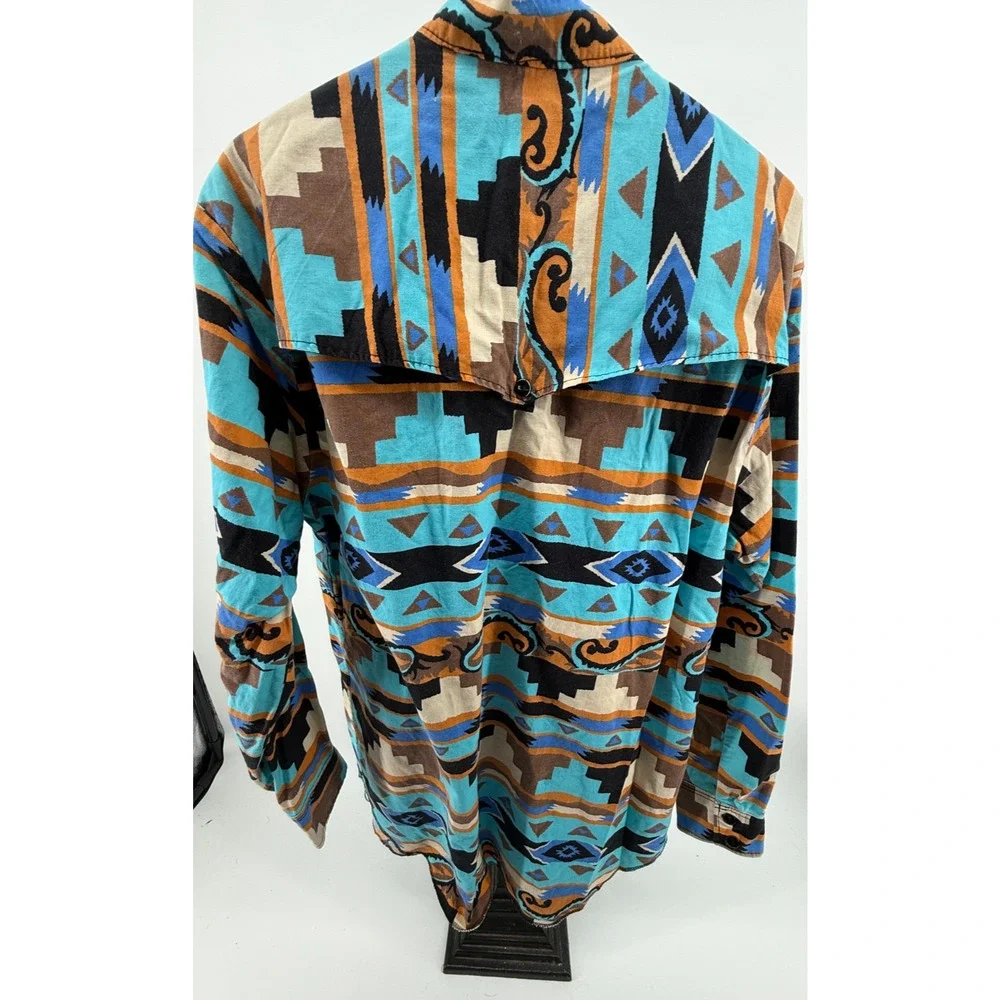 Cowboy Western Rodeo Aztec Shirt Ranch Button Up Bold Print Stand Collar Large - Picture 7 of 8